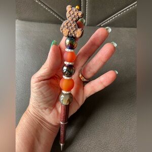 Teddy Bear Beaded Pen - Brown Orange Tones - Handmade